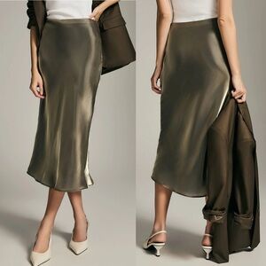 Anthropologie Women The Elyse Slip Skirt Khaki Green Metallic Midi Satin Large